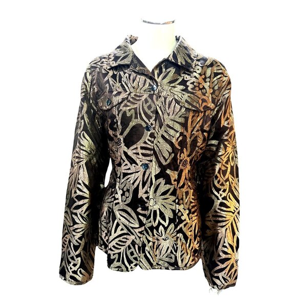 Chicos Size 2 Black Gold Silk Blend Floral Sheer Jacket Artwear Style City Style - Picture 2 of 9